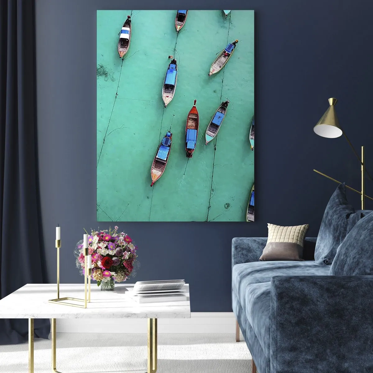 Impression sur verre - Image sur verre - Vue aérienne de bateaux sur une eau turquoise - 70x100cm - Dans une attente jouyeuse - Décoration murale moderne pour le salon et la chambre ARTTOR