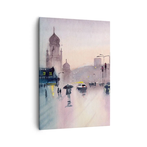 Impression sur toile - Image sur toile - Une rue de la ville au crépuscule dans un style aquarelle - 50x70cm - Dans une brume pluvieuse - Décoration murale moderne pour le salon et la chambre ARTTOR