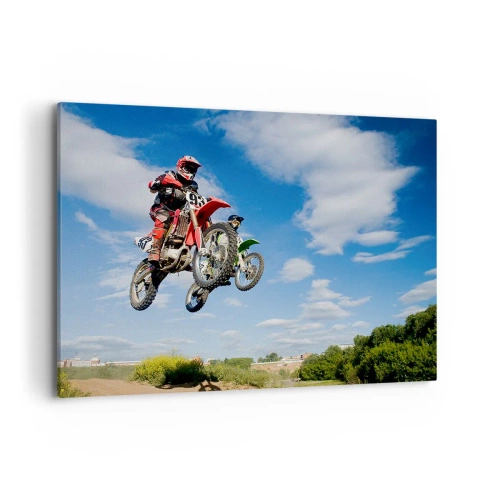 Impression sur toile - Image sur toile - Des pilotes de motocross dans les airs lors d'un saut - 100x70cm - Saut en parachute - Décoration murale moderne pour le salon et la chambre ARTTOR