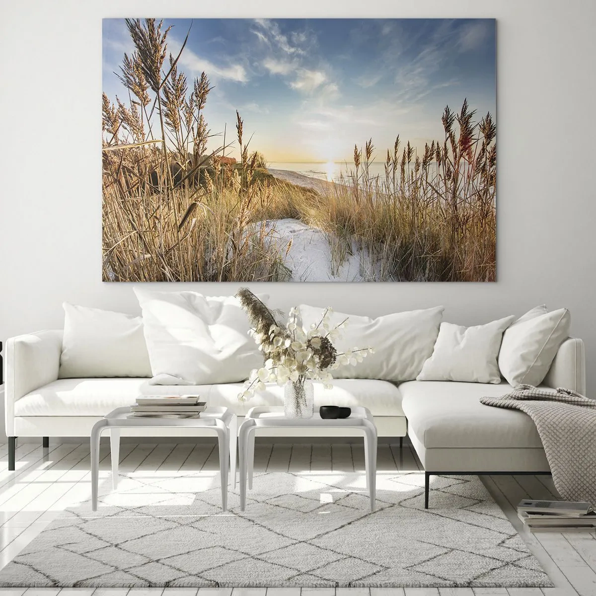 Impression sur verre - Image sur verre - Coucher de soleil sur une plage avec des dunes couvertes d'herbe - 70x50cm - Plage du nord - Décoration murale moderne pour le salon et la chambre ARTTOR