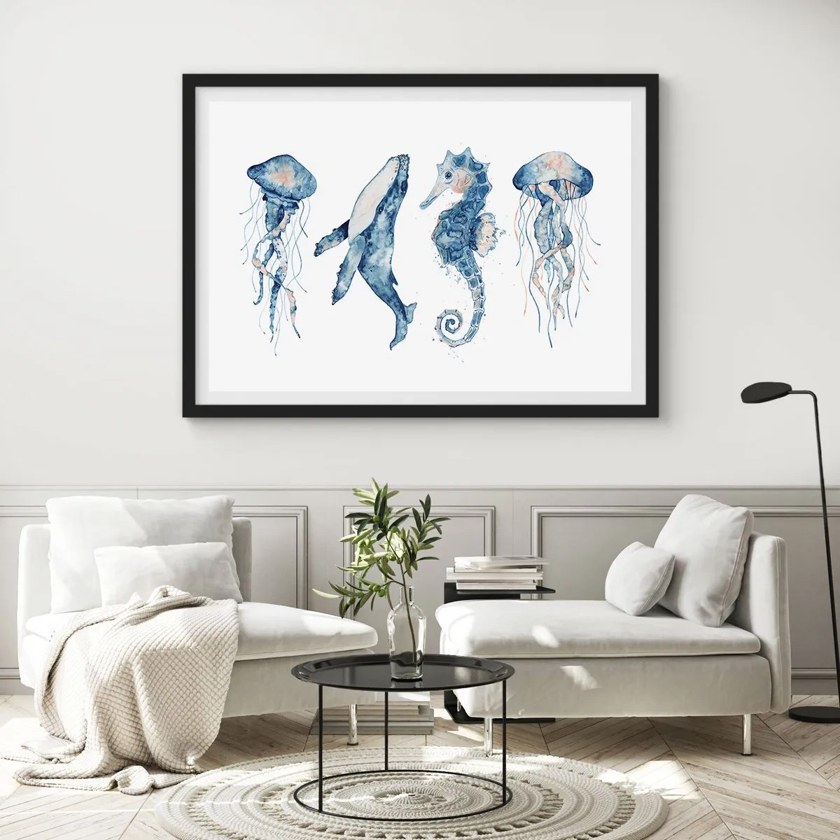 Affiche dans un cadre noir - Poster - Méduse, baleine et hippocampe dans un style aquarelle - 100x70cm - Merveilles de la mer - Décoration murale moderne pour le salon et la chambre ARTTOR