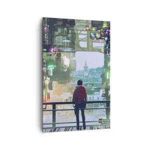 Impression sur toile - Image sur toile - Une silhouette dans une ville futuriste avec des néons - 80x120cm - Deux mondes - Décoration murale moderne pour le salon et la chambre ARTTOR