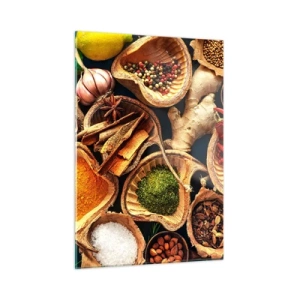 Impression sur verre - Image sur verre - Épices colorées dans des contenants naturels avec additifs - 50x70cm - Prends ce que tu veux - Décoration murale moderne pour le salon et la chambre ARTTOR