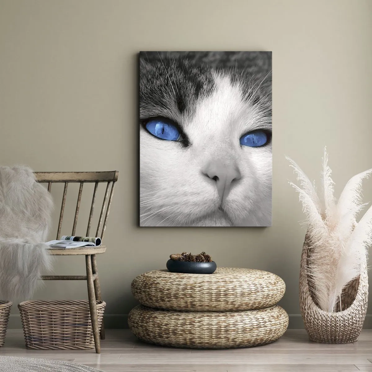 Impression sur toile - Image sur toile - Portrait d'un chat aux yeux bleus en noir et blanc - 80x120cm - Yeux bleus inhabituels - Décoration murale moderne pour le salon et la chambre ARTTOR