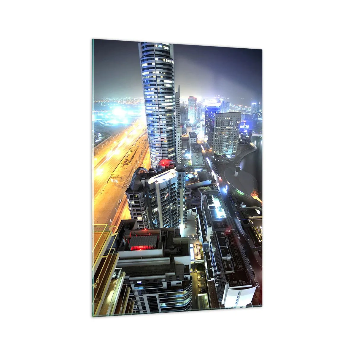 Impression sur verre - Image sur verre - Panorama de la ville nocturne avec des gratte-ciel illuminés - 70x100cm - Un miracle dans le désert - Décoration murale moderne pour le salon et la chambre ARTTOR
