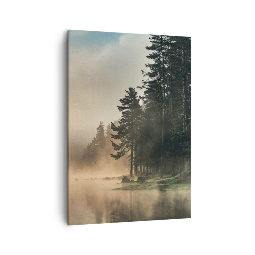 Impression sur toile - Image sur toile - Une forêt brumeuse sur un lac calme - 50x70cm - Naissance du jour - Décoration murale moderne pour le salon et la chambre ARTTOR