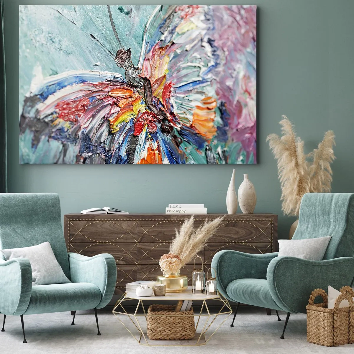 Impression sur toile - Image sur toile - Papillon coloré en pâte sur fond pastel - 100x70cm - Peint par nature - Décoration murale moderne pour le salon et la chambre ARTTOR