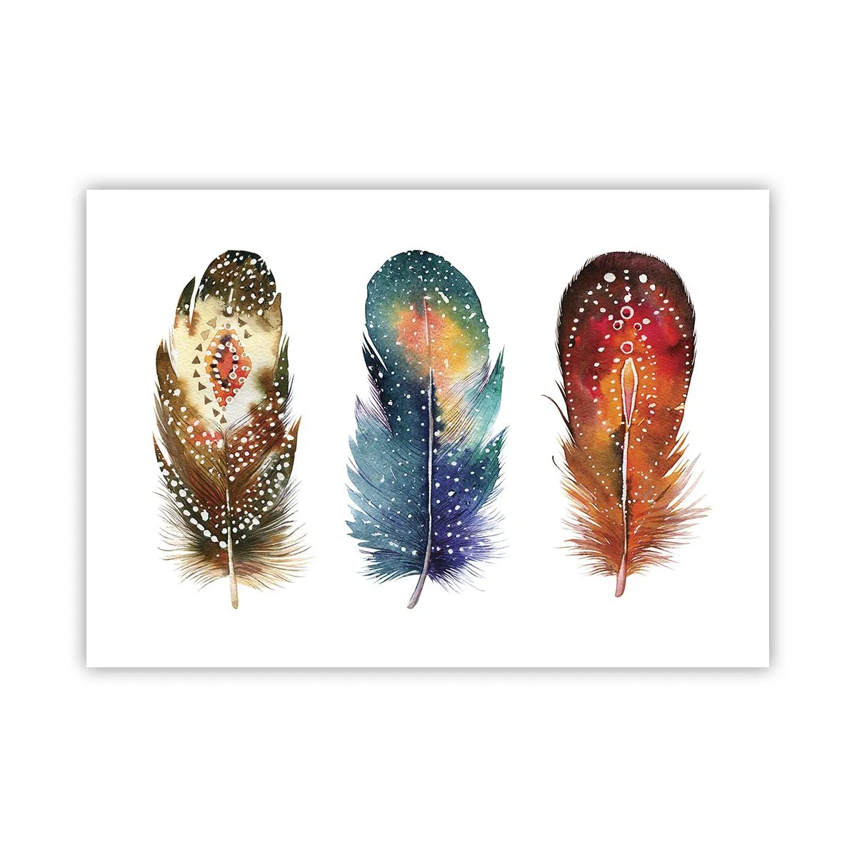 Affiche - Poster - Trois plumes colorées avec des motifs artistiques sur un fond clair - 100x70cm - Rituels, cérémonies, secrets - Décoration murale moderne pour le salon et la chambre ARTTOR