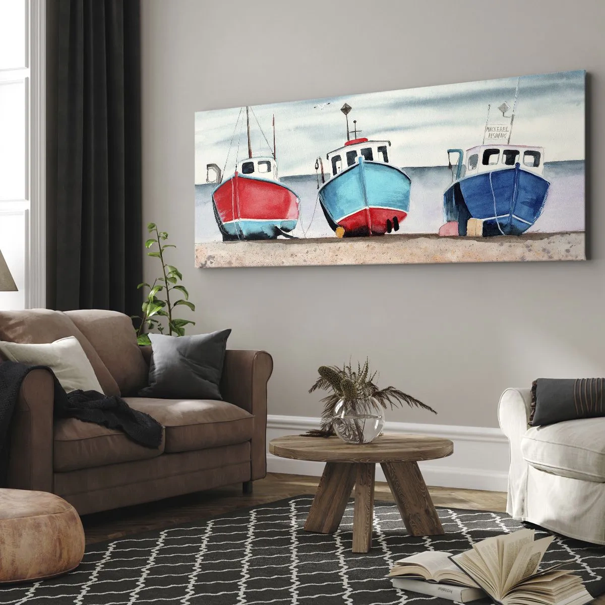 Impression sur toile - Image sur toile - Bateaux de pêche colorés sur le rivage dans un paysage marin - 160x50cm - Prêt pour la pêche - Décoration murale moderne pour le salon et la chambre ARTTOR
