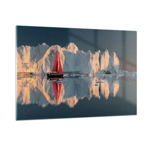 Impression sur verre - Image sur verre - Un voilier avec une voile rouge près des icebergs au coucher du soleil - 120x80cm - Aux limites du monde - Décoration murale moderne pour le salon et la chambre ARTTOR