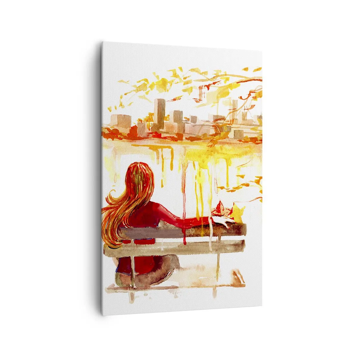 Impression sur toile - Image sur toile - Scène à l'aquarelle d'une femme sur un banc surplombant la ville - 80x120cm - Un moment de réflexion - Décoration murale moderne pour le salon et la chambre ARTTOR