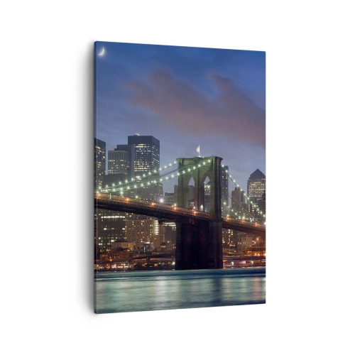 Impression sur toile - Image sur toile - Pont de New York la nuit avec bâtiments illuminés - 50x70cm - Nuit rougeoyante - Décoration murale moderne pour le salon et la chambre ARTTOR