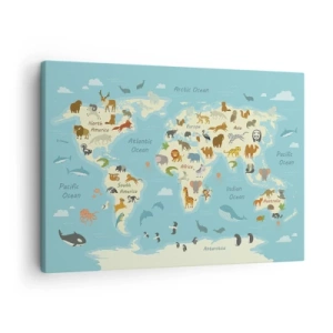 Impression sur toile - Image sur toile - Carte du monde avec des illustrations d'animaux - 70x50cm - De bons voisins - Décoration murale moderne pour le salon et la chambre ARTTOR