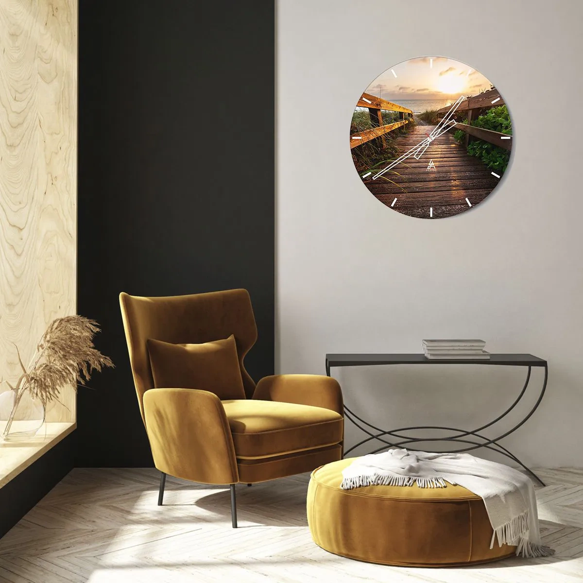 Horloge murale - Pendule murale - Jetée en bois menant à la plage au coucher du soleil - 30x30cm - Tout droit vers le rivage - Décoration murale moderne pour le salon, la cuisine et la chambre ARTTOR