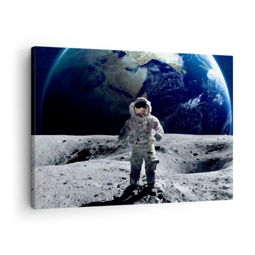 Impression sur toile - Image sur toile - Astronaute à la surface de la Lune avec la Terre en arrière-plan - 70x50cm - Salutations de la lune - Décoration murale moderne pour le salon et la chambre ARTTOR