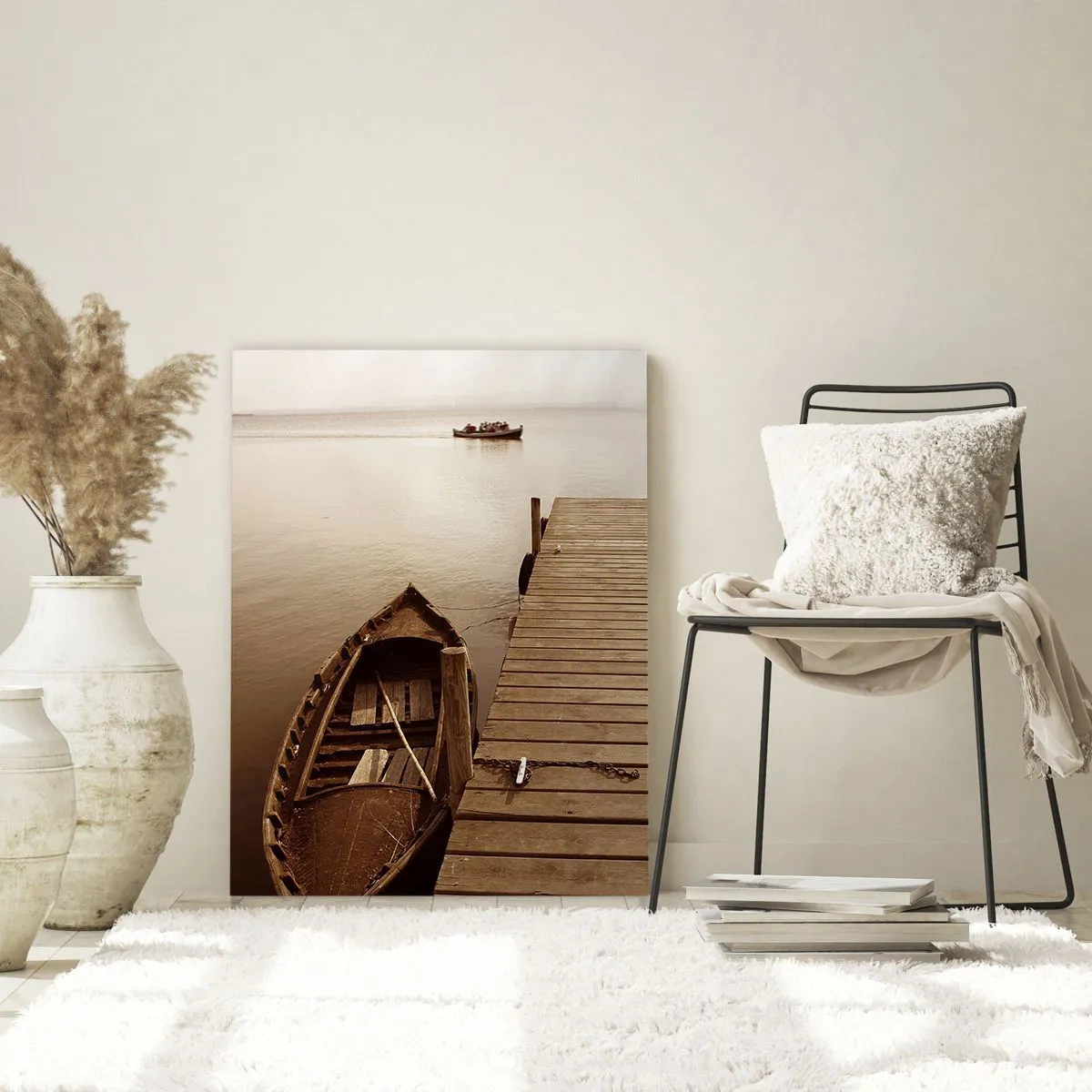 Impression sur verre - Image sur verre - Jetée en bois et bateau sur un lac calme - 70x100cm - Le grand silence - Décoration murale moderne pour le salon et la chambre ARTTOR