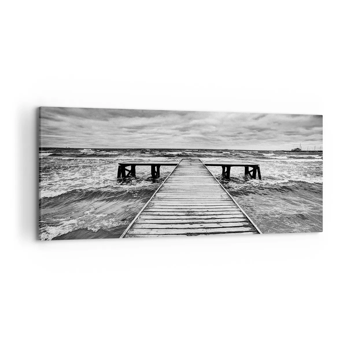 Impression sur toile - Image sur toile - Une vue en noir et blanc d'une jetée en bois sur une mer agitée. - 120x50cm - J'attends que le vent, ça le chassera... - Décoration murale moderne pour le salon et la chambre ARTTOR