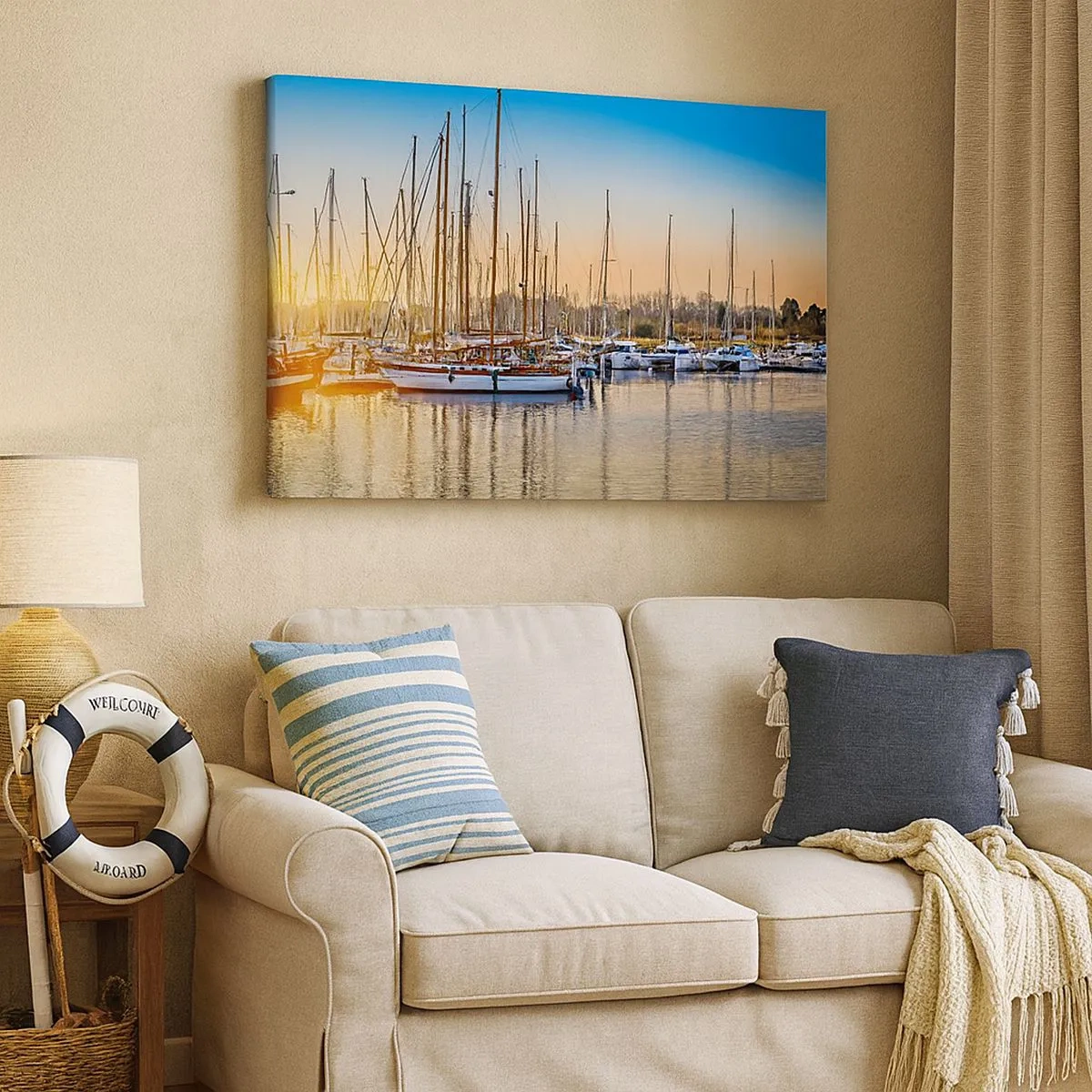 Impression sur toile - Image sur toile - Coucher de soleil sur une marina pleine de voiliers - 70x50cm - Le vent aussi doit dormir - Décoration murale moderne pour le salon et la chambre ARTTOR