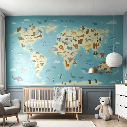 Papier Peint Autocollant Deluxe Sticker - De bons voisins - Carte du monde, Carte avec des animaux, Animaux - 200x140 cm