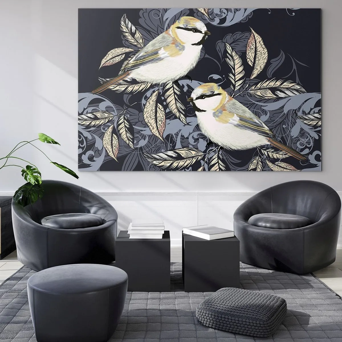 Impression sur verre - Image sur verre - Illustration de deux oiseaux sur un fond sombre avec des ornements - 100x70cm - Babillement jaune et bleu - Décoration murale moderne pour le salon et la chambre ARTTOR