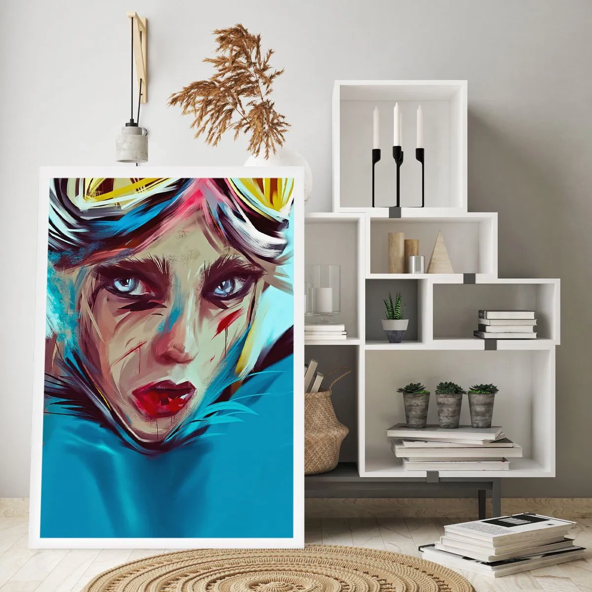 Affiche - Poster - Portrait d'une femme au regard intense et sur fond bleu - 50x70cm - Guerrière errante - Décoration murale moderne pour le salon et la chambre ARTTOR