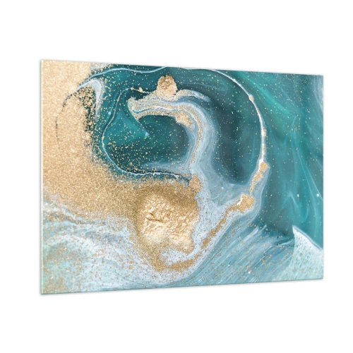 Impression sur verre - Image sur verre - De l'or sur des vagues turquoise dans un style abstrait - 100x70cm - Tourbillon d'or et de turquoise - Décoration murale moderne pour le salon et la chambre ARTTOR
