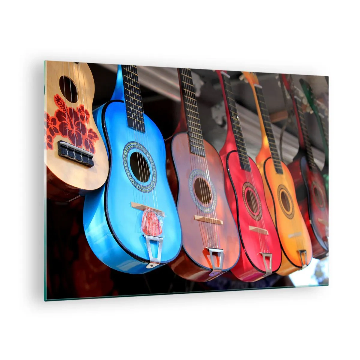 Impression sur verre - Image sur verre - Guitares colorées accrochées en rangée en exposition - 70x50cm - Ambiance latine - Décoration murale moderne pour le salon et la chambre ARTTOR