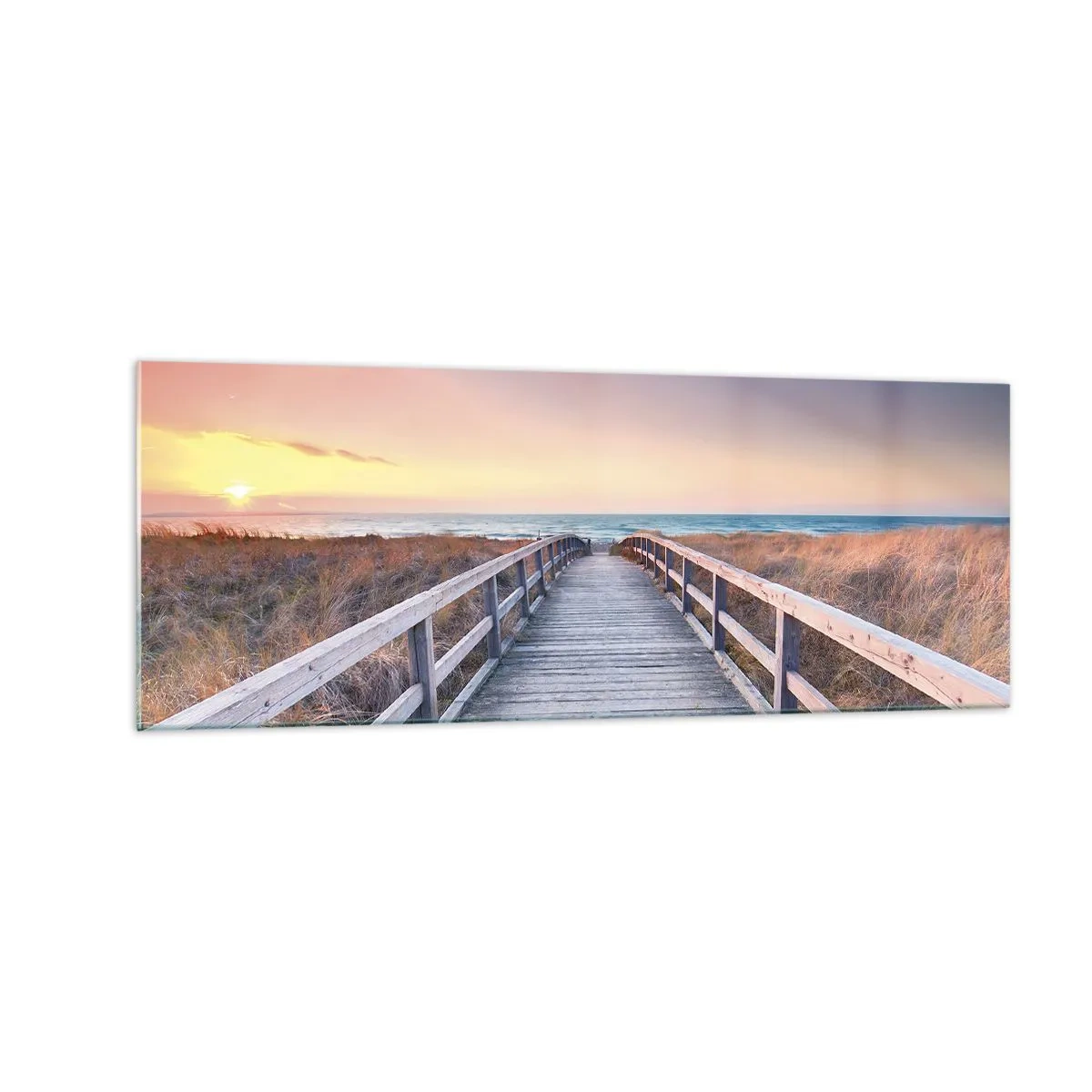 Impression sur verre - Image sur verre - Une jetée en bois menant à la plage au coucher du soleil avec le ciel peint de couleurs pastel. - 140x50cm - Aurore baltique du soir - Décoration murale moderne pour le salon et la chambre ARTTOR