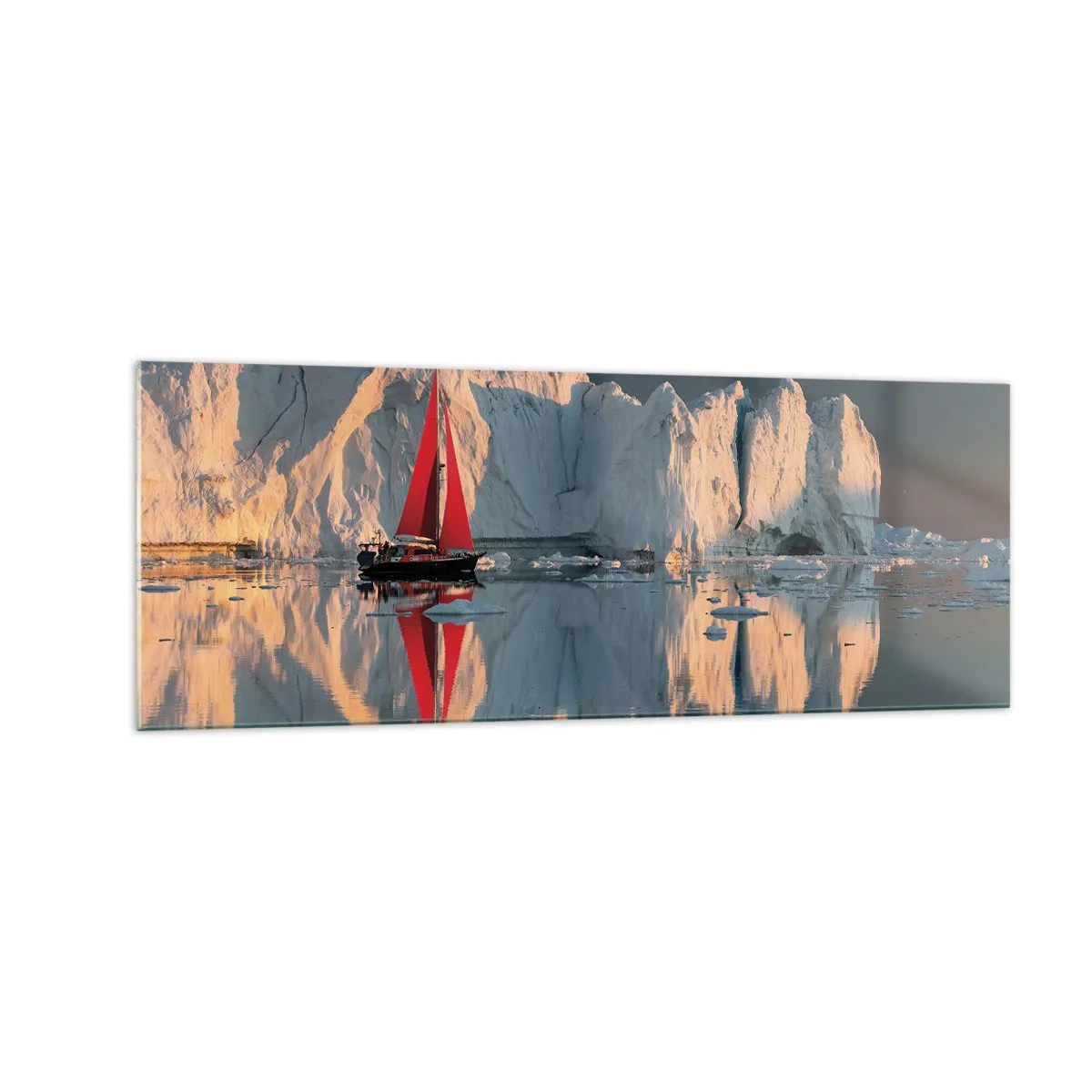 Impression sur verre - Image sur verre - Un voilier avec une voile rouge sur fond de glacier - 140x50cm - Aux limites du monde - Décoration murale moderne pour le salon et la chambre ARTTOR