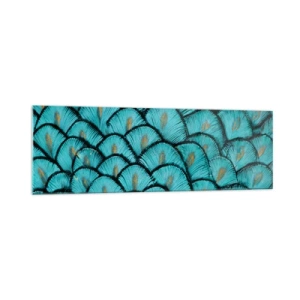 Impression sur verre - Image sur verre - Un motif ressemblant à des écailles turquoise avec des accents dorés - 160x50cm - Le grand gala des plumes - Décoration murale moderne pour le salon et la chambre ARTTOR