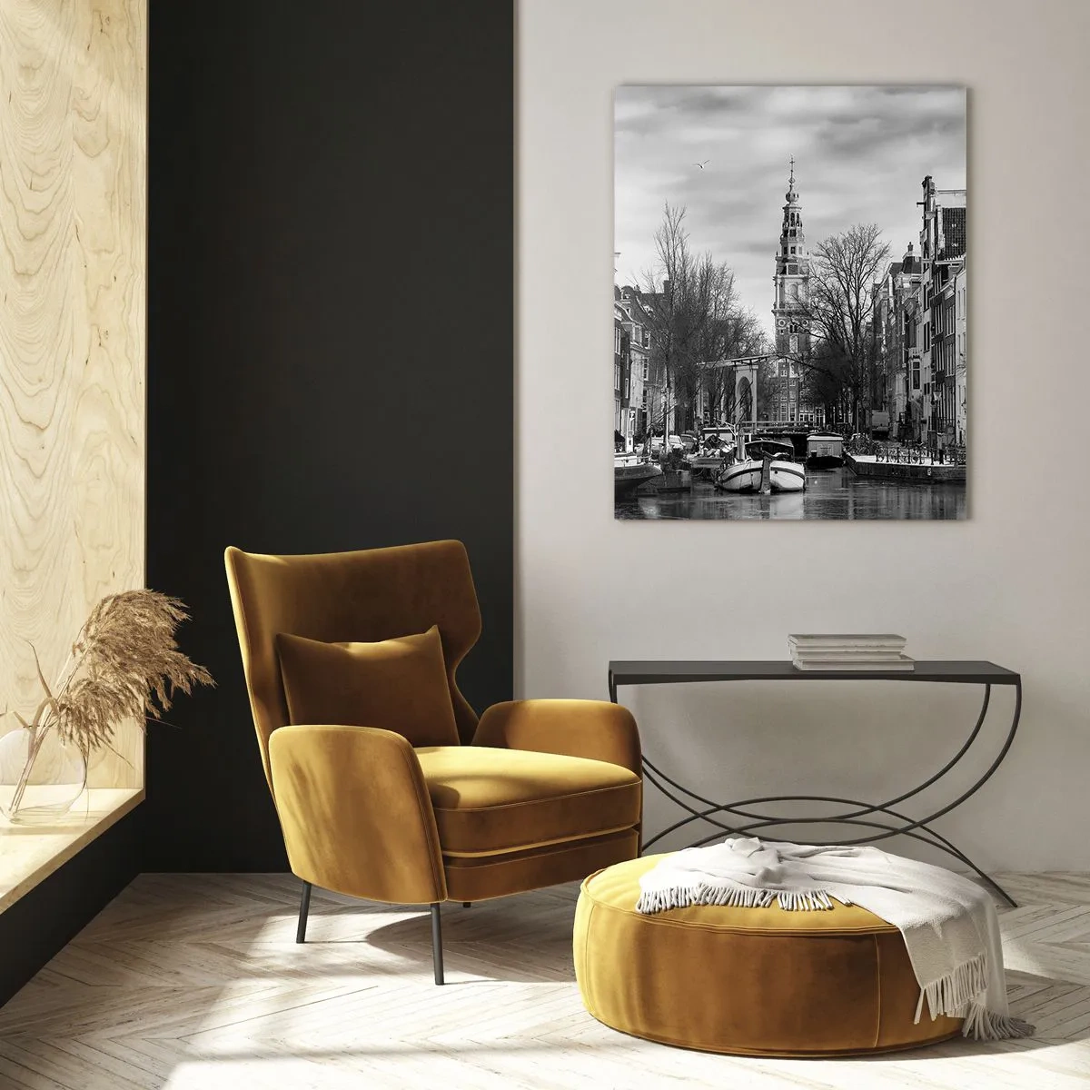 Impression sur verre - Image sur verre - Vue en noir et blanc d'un canal à Amsterdam - 50x70cm - Climat d'Amsterdam - Décoration murale moderne pour le salon et la chambre ARTTOR