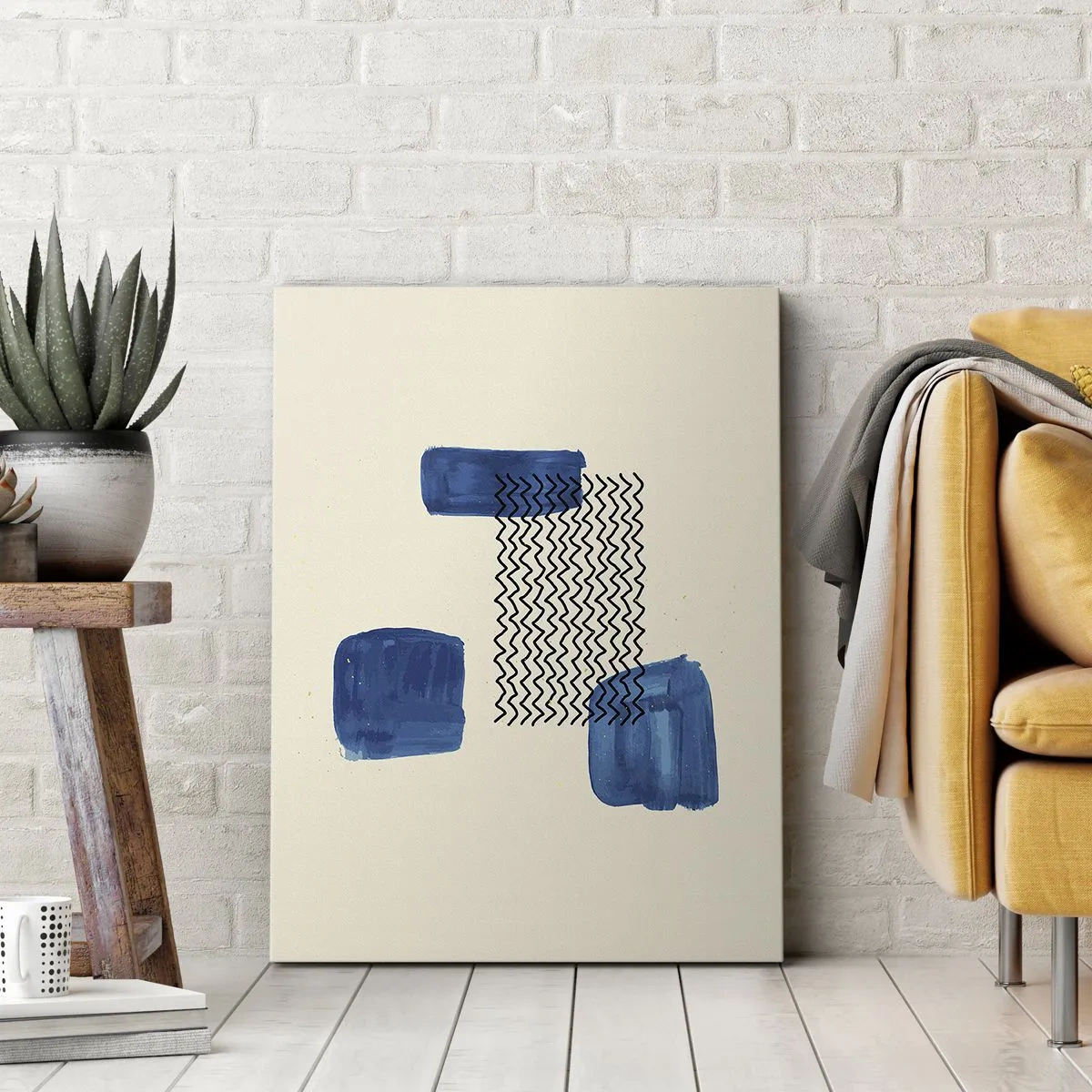 Impression sur toile - Image sur toile - Composition abstraite avec des taches bleues et des lignes ondulées - 80x120cm - Quatuor abstrait - Décoration murale moderne pour le salon et la chambre ARTTOR