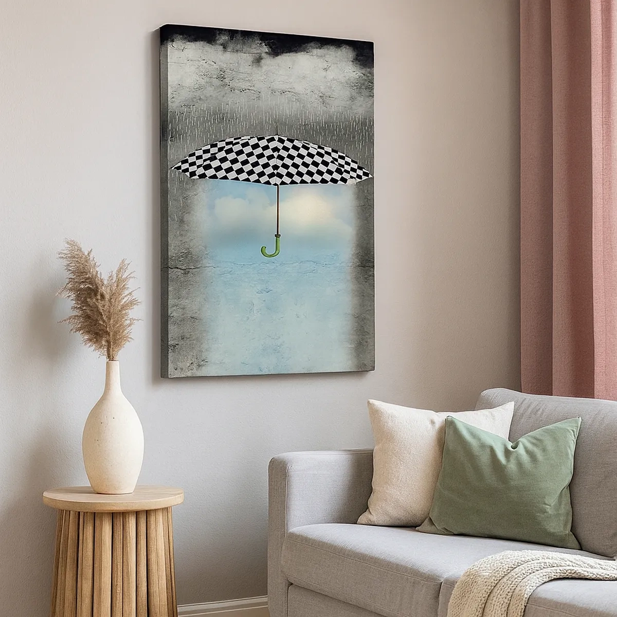 Impression sur toile - Image sur toile - Un parapluie à carreaux sur un paysage pluvieux - 50x70cm - Et pourtant c'est possible - Décoration murale moderne pour le salon et la chambre ARTTOR