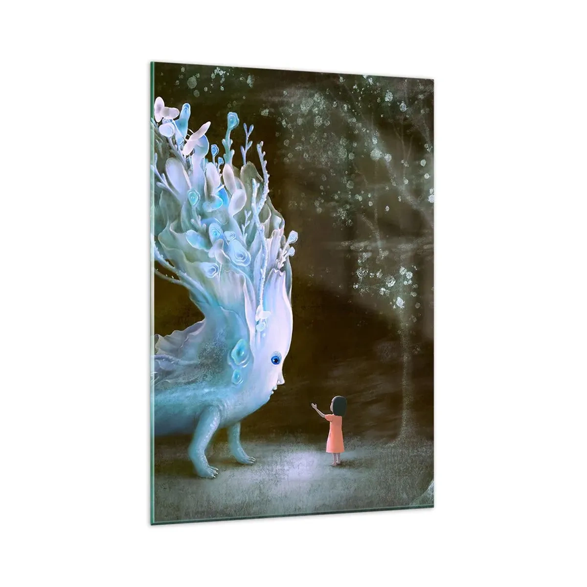 Impression sur verre - Image sur verre - La figure d'une fille face à une créature fantastique - 80x120cm - Une rencontre fantastique - Décoration murale moderne pour le salon et la chambre ARTTOR