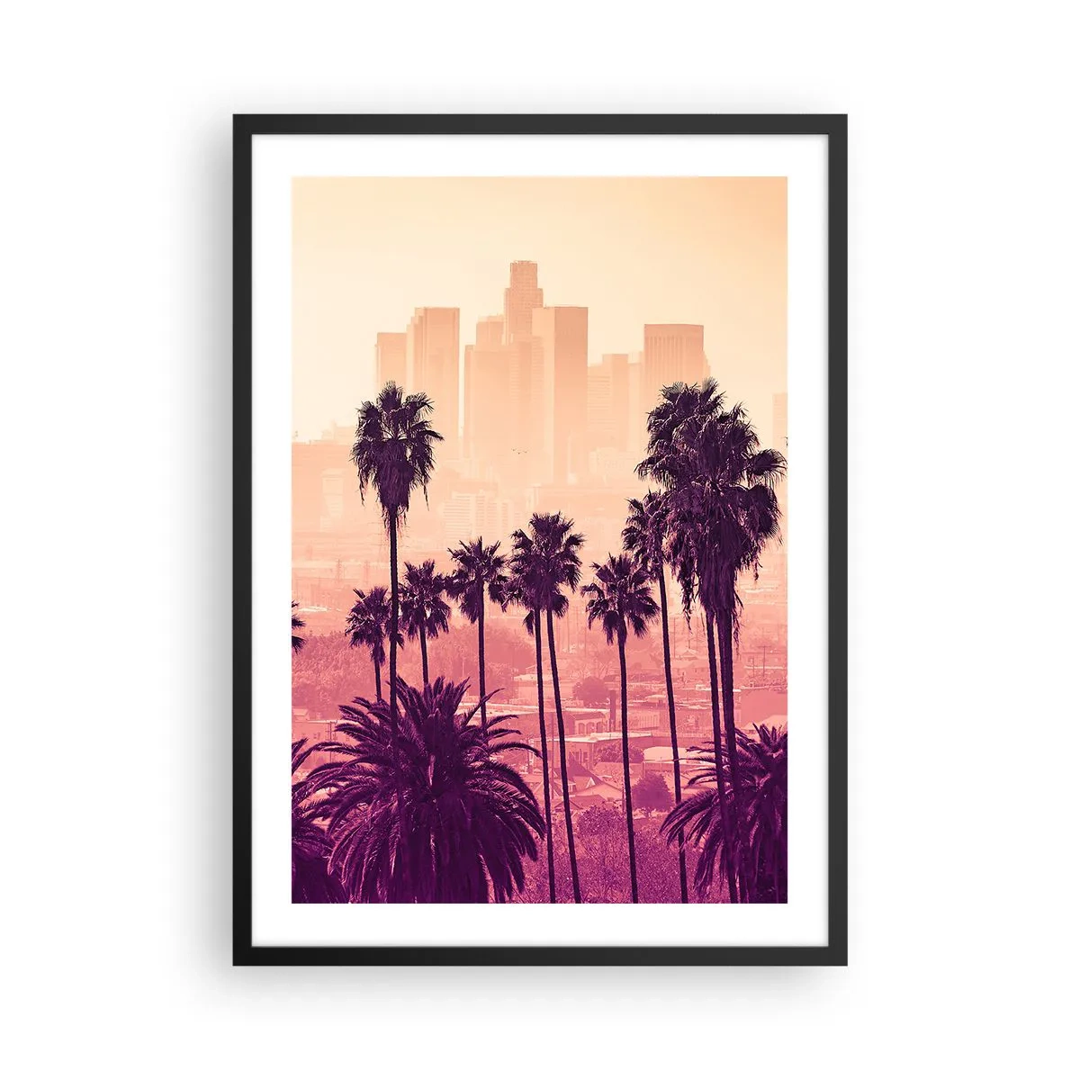 Affiche dans un cadre noir - Poster - Palmiers sur fond de ville au soleil couchant - 50x70cm - Paysage californien - Décoration murale moderne pour le salon et la chambre ARTTOR