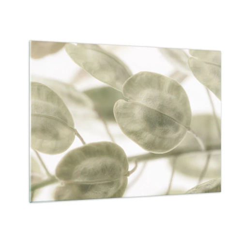 Impression sur verre - Image sur verre - Gros plan de feuilles dans des tons pastel doux de vert - 70x50cm - Au commencement il y avait des feuilles... - Décoration murale moderne pour le salon et la chambre ARTTOR