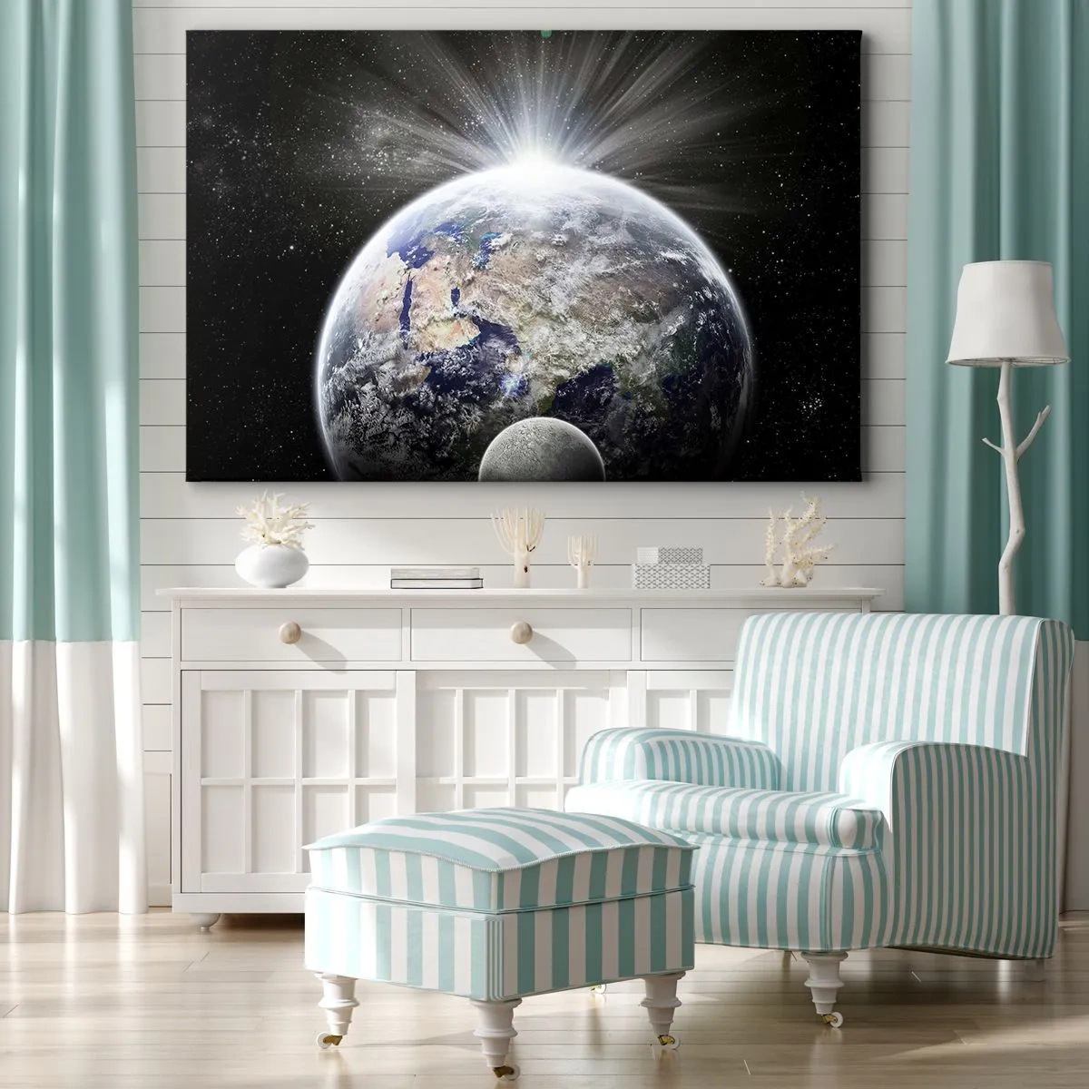 Impression sur toile - Image sur toile - La Terre et la Lune illuminées par la lueur de l'espace - 100x70cm - En pleine splendeur - Décoration murale moderne pour le salon et la chambre ARTTOR