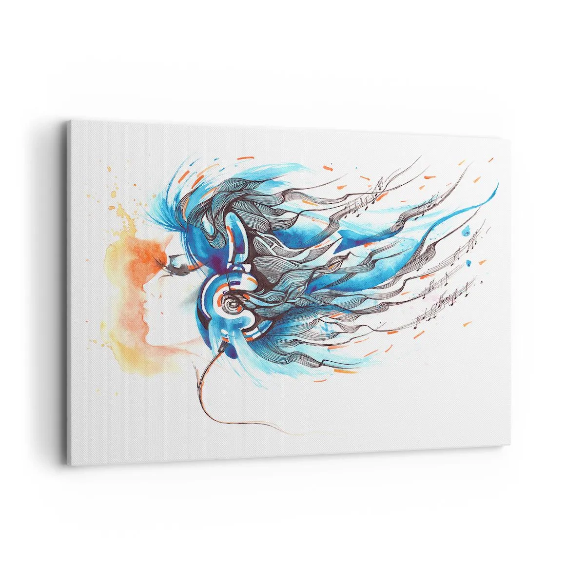 Impression sur toile - Image sur toile - Graphique artistique d'une femme portant des écouteurs avec des accents musicaux - 100x70cm - Que la musique joue - Décoration murale moderne pour le salon et la chambre ARTTOR