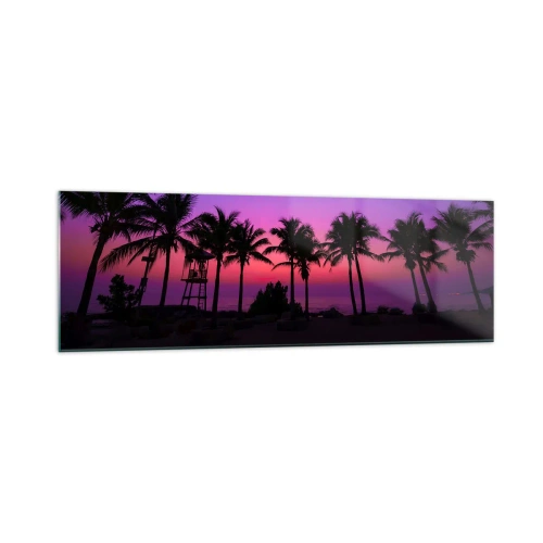 Impression sur verre - Image sur verre - Silhouettes de palmiers sur un ciel de coucher de soleil rose-violet - 160x50cm - Soirée sous les palmiers - Décoration murale moderne pour le salon et la chambre ARTTOR
