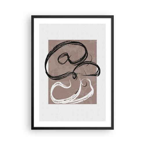 Affiche dans un cadre noir - Poster - Composition abstraite avec des coups de pinceau dynamiques en noir et blanc sur fond marron. - 50x70cm - Composition – la recherche de la plénitude - Décoration murale moderne pour le salon et la chambre ARTTOR