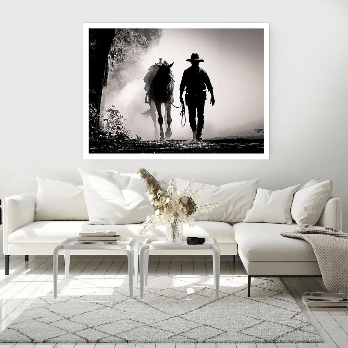 Affiche - Poster - Cowboy avec cheval dans le brouillard matinal - 100x70cm - Matinée texane - Décoration murale moderne pour le salon et la chambre ARTTOR