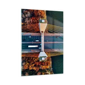 Impression sur verre - Image sur verre - Vue aérienne du pont avec une disposition symétrique des câbles et des voitures - 50x70cm - Au dessus de l'eau et de la forêt - Décoration murale moderne pour le salon et la chambre ARTTOR