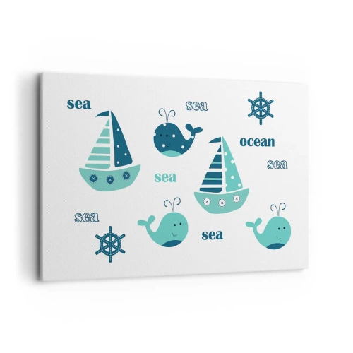 Impression sur toile - Image sur toile - Charmants motifs nautiques avec des baleines et des voiliers - 120x80cm - À travers les mers et les océans - Décoration murale moderne pour le salon et la chambre ARTTOR