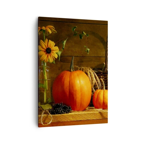 Impression sur toile - Image sur toile - Composition d'automne avec citrouilles et fleurs sur fond de bois - 50x70cm - Une composition rustique - cadeaux d'automne - Décoration murale moderne pour le salon et la chambre ARTTOR