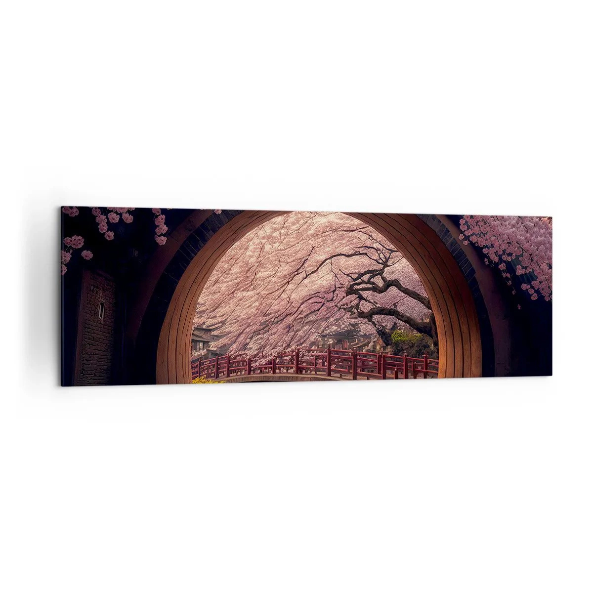 Impression sur toile - Image sur toile - Un pont japonais traditionnel entouré de fleurs de cerisier - 160x50cm - Printemps japonais - Décoration murale moderne pour le salon et la chambre ARTTOR
