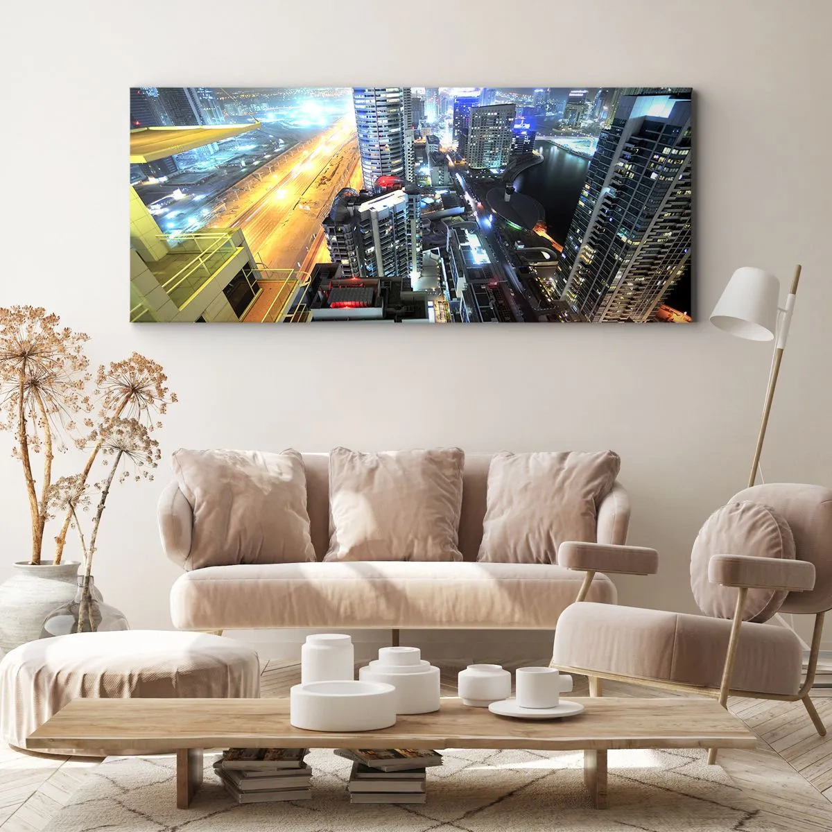 Impression sur toile - Image sur toile - Panorama de la ville nocturne avec des gratte-ciel illuminés - 140x50cm - Un miracle dans le désert - Décoration murale moderne pour le salon et la chambre ARTTOR