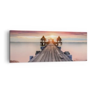Impression sur toile - Image sur toile - Jetée en bois menant aux belvédères au coucher du soleil - 140x50cm - L'Ouest à l'Est - Décoration murale moderne pour le salon et la chambre ARTTOR