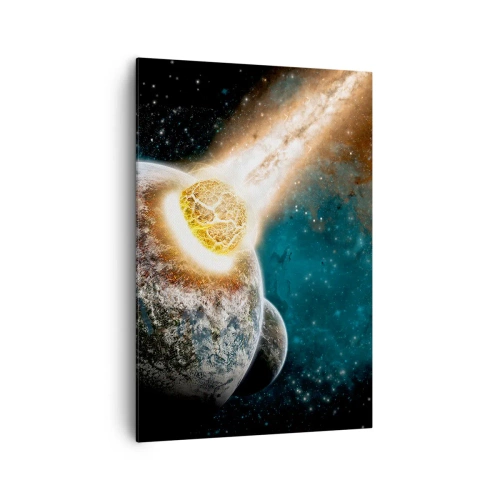 Impression sur toile - Image sur toile - Collision cosmique d'une planète avec un astéroïde à proximité de la galaxie. - 70x100cm - Destruction ou naissance? - Décoration murale moderne pour le salon et la chambre ARTTOR