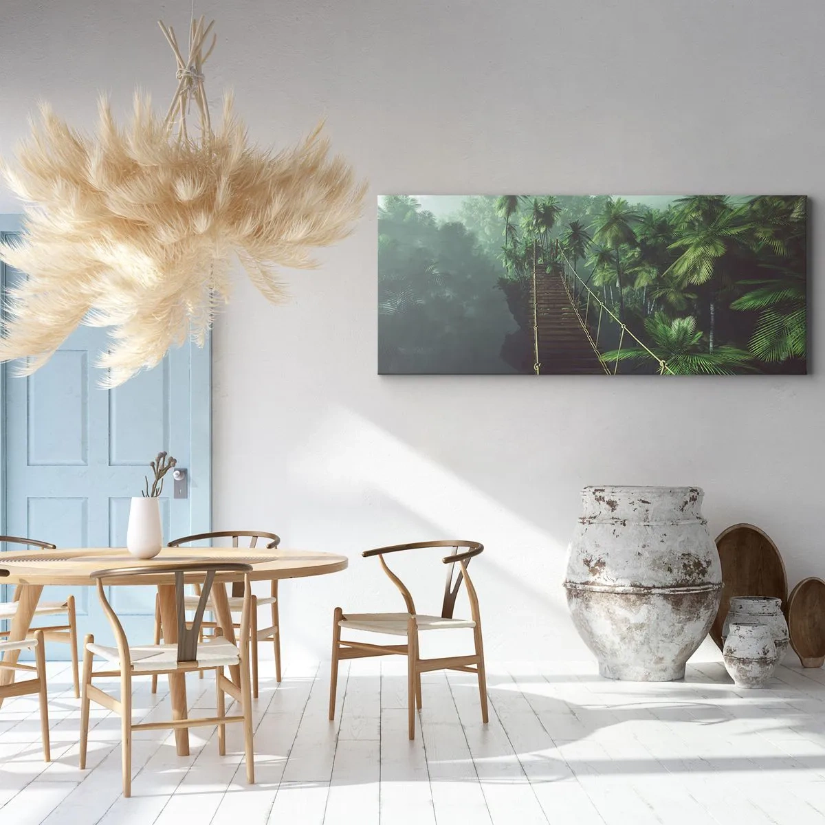 Impression sur toile - Image sur toile - Un pont suspendu dans une forêt tropicale entourée de brouillard. - 160x50cm - Au fil de la verdure - Décoration murale moderne pour le salon et la chambre ARTTOR