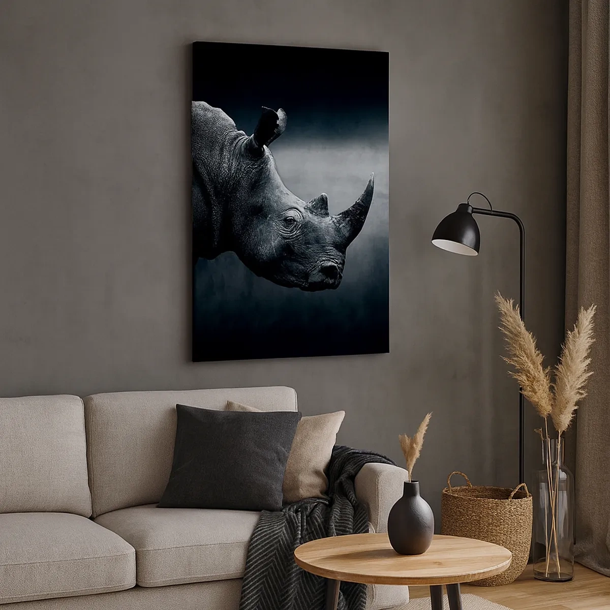 Impression sur toile - Image sur toile - Portrait noir et blanc d'un rhinocéros sur fond sombre - 50x70cm - Le profil droit - Décoration murale moderne pour le salon et la chambre ARTTOR